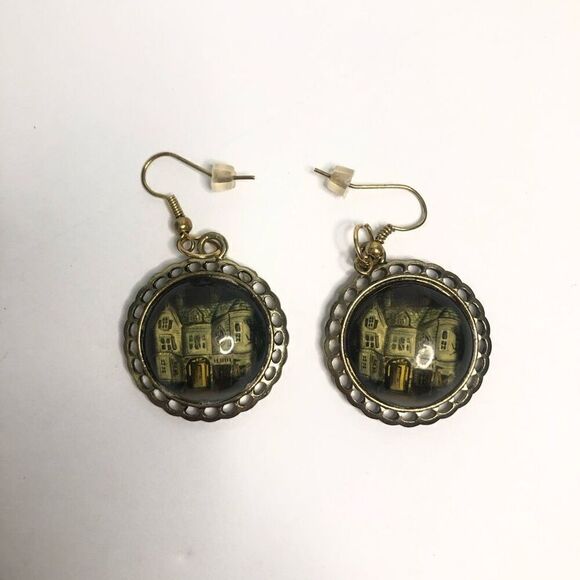 vintage abandoned haunted house round glass earrings halloween steam punk - Picture 1 of 7